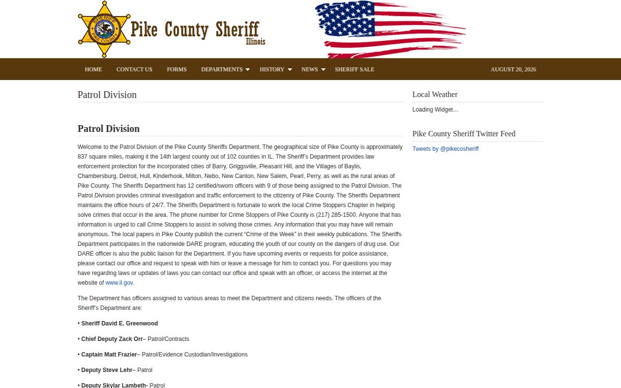 Pike County Sheriff Patrol Division page showing official wanted-tip and Crime Stoppers information