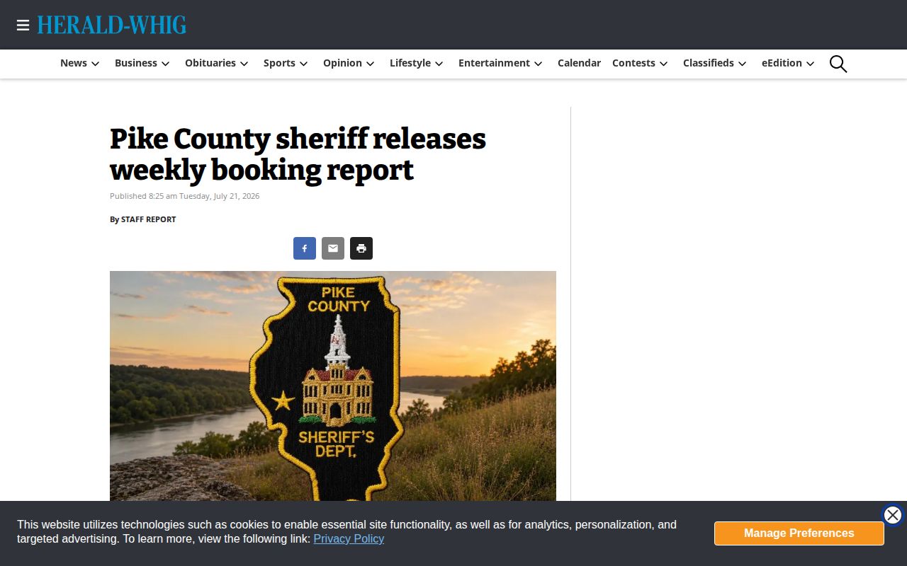 Herald-Whig Pike County weekly booking report page with a generic Sheriff badge image