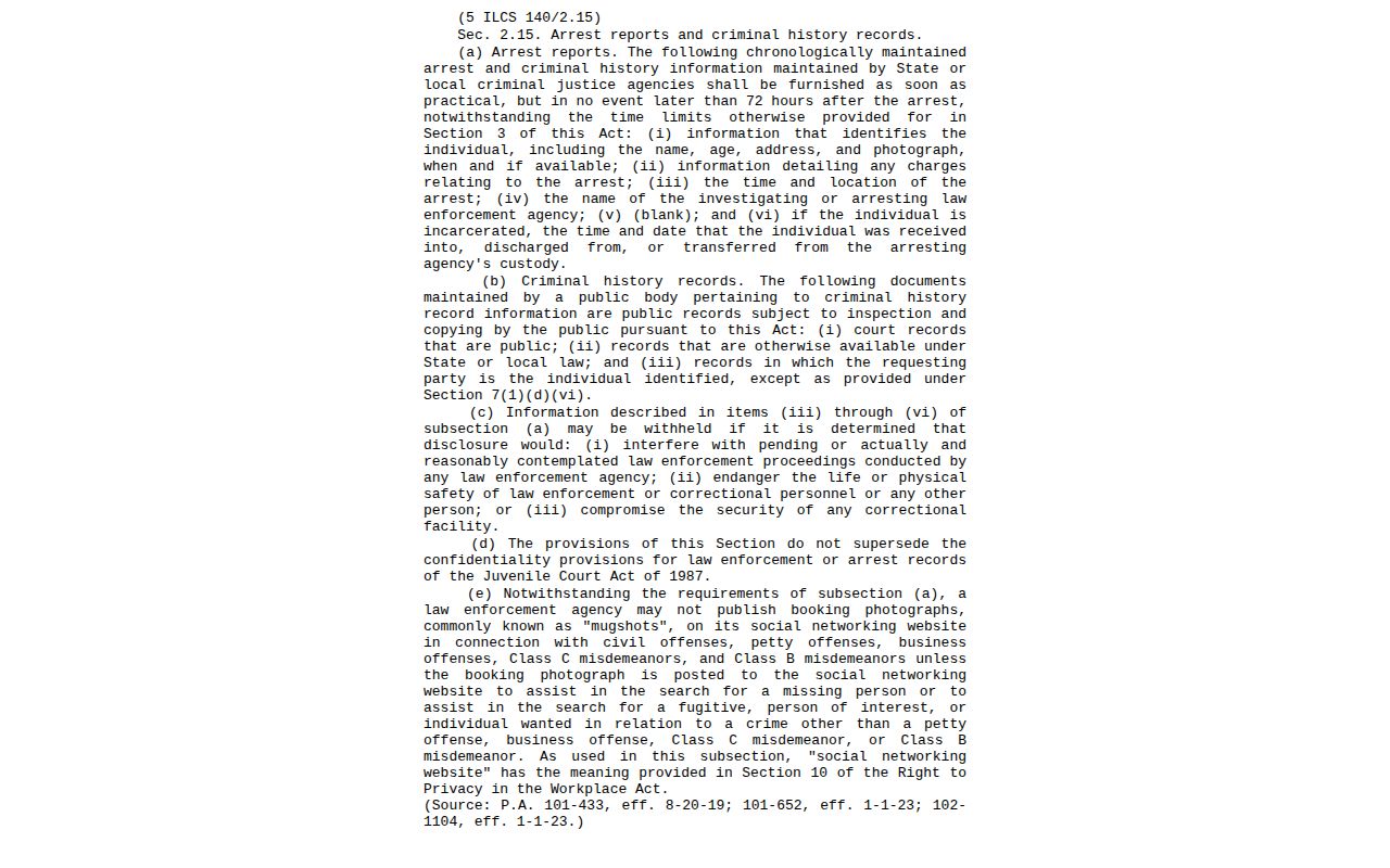 Illinois FOIA arrest-record statute relevant to Pike County mugshots