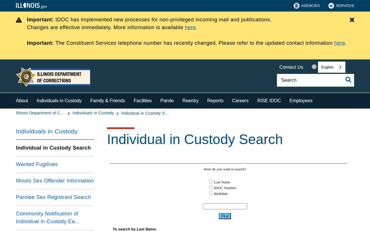 Illinois Department of Corrections offender search for state-custody records