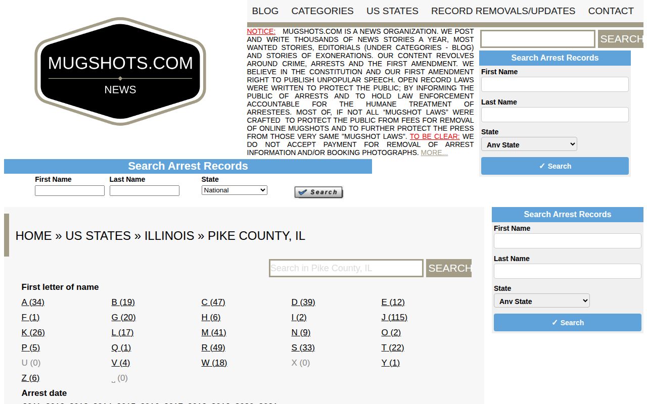 Historic third-party Pike County Illinois mugshot index, shown as an unofficial source