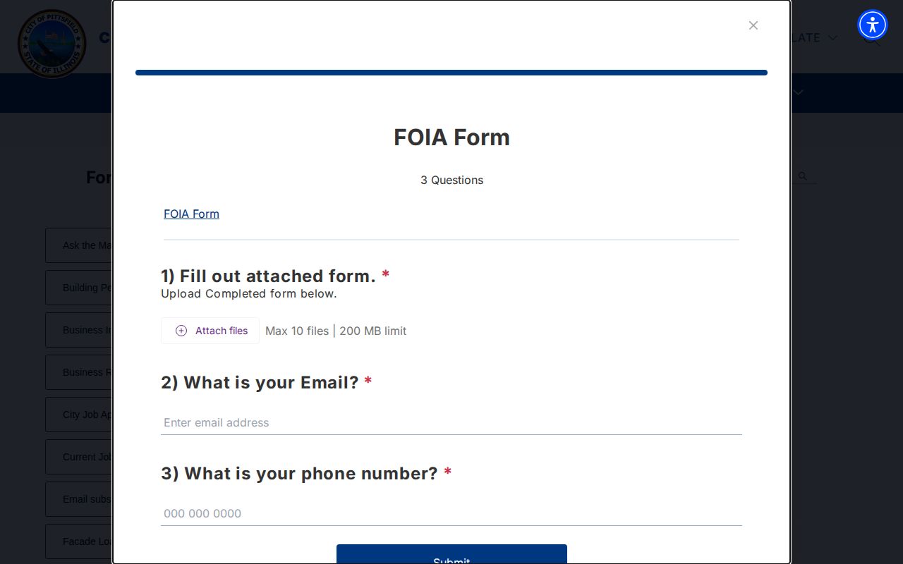 Pittsfield city FOIA form for Pike County arrest records